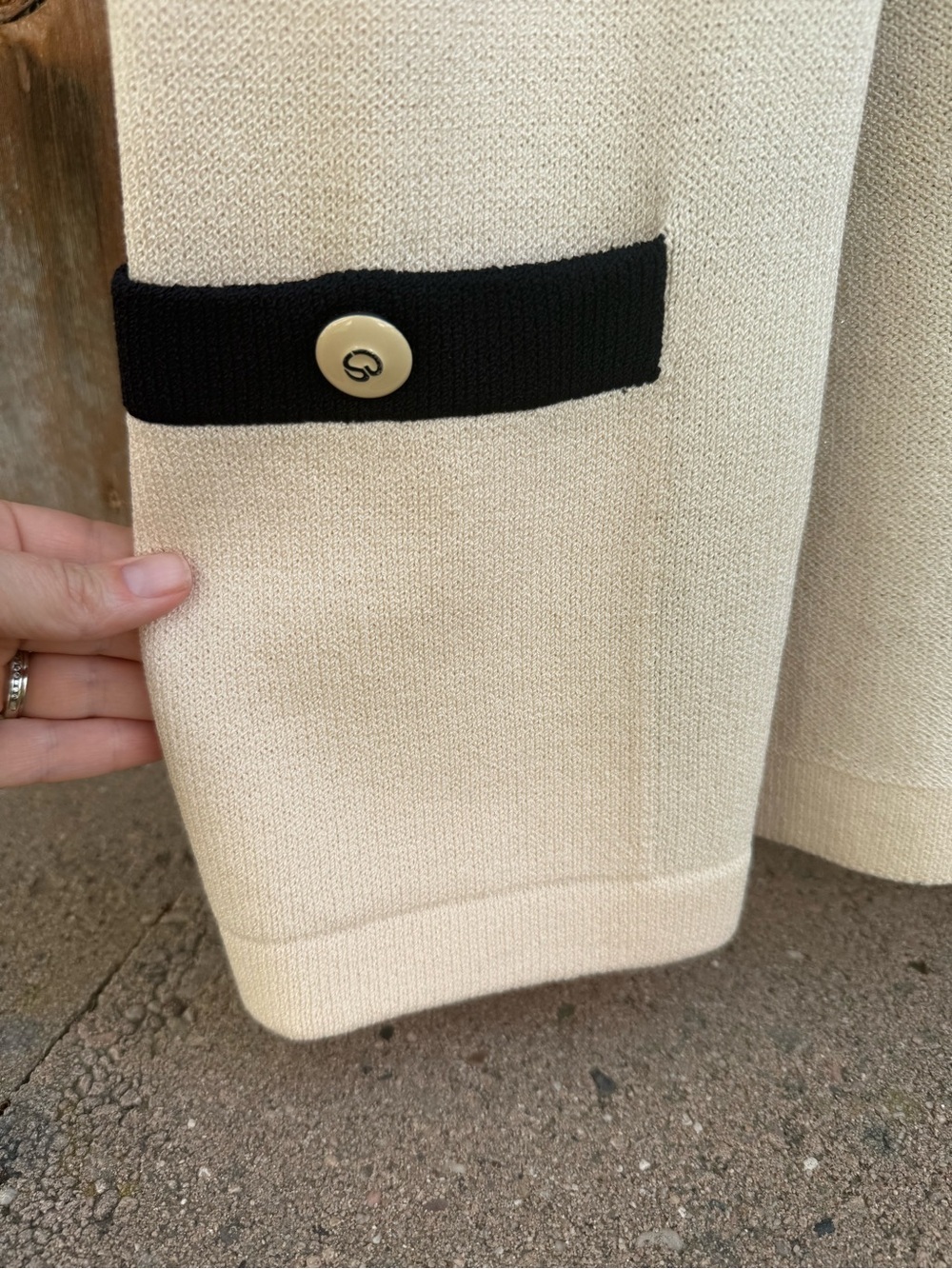 St. John Cream Beige Black Trim Open Front Short Sleeve Cardigan Jacket Medium - Picture 9 of 15